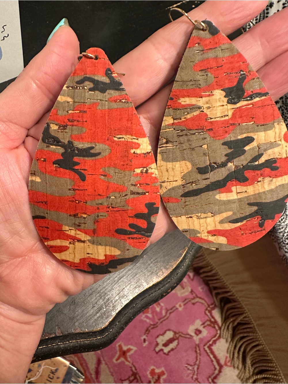 Camo Teardrop Earrings in Red, Brown and Brown
